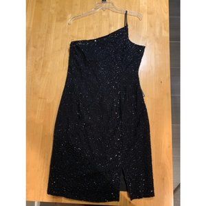 JKARA Black Beaded asymmetrical shoulder cocktail dress, size 10, NWT